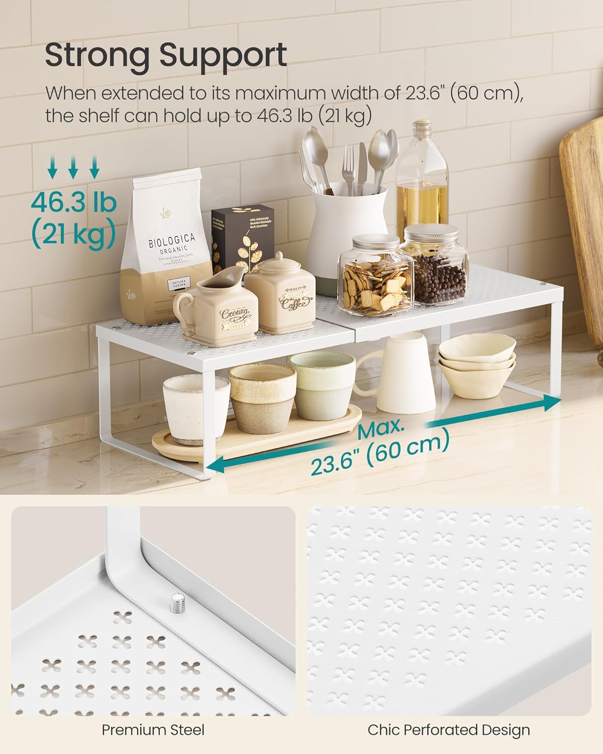 Spice Racks Expandable Kitchen Countertop Shelves, Metal | Set of 2 small cupboard organizers, space-saving tabletop shelves, Matte White, UKCS402W01