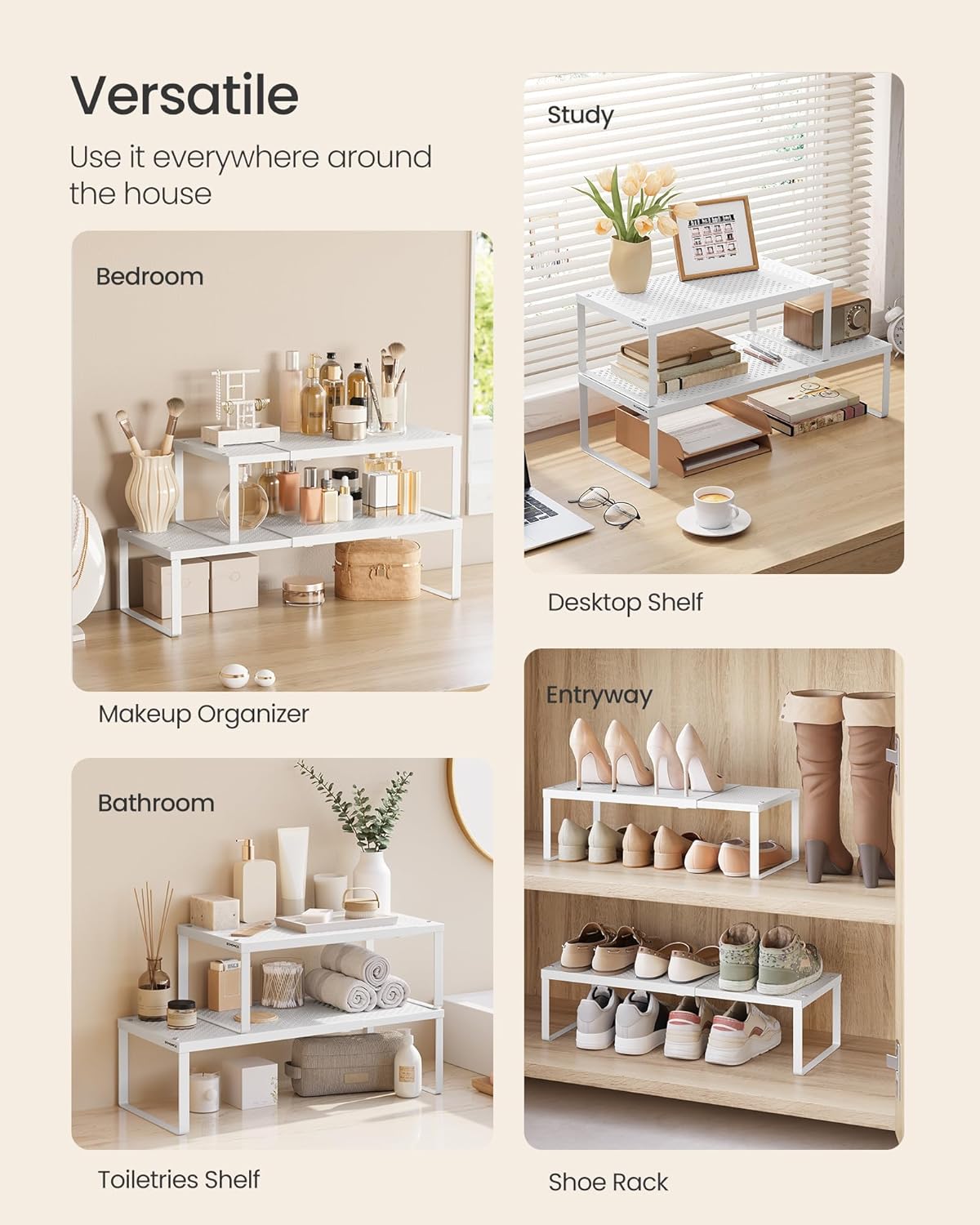Spice Racks Expandable Kitchen Countertop Shelves, Metal | Set of 2 small cupboard organizers, space-saving tabletop shelves, Matte White, UKCS402W01