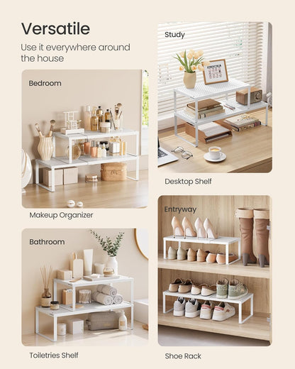 Spice Racks Expandable Kitchen Countertop Shelves, Metal | Set of 2 small cupboard organizers, space-saving tabletop shelves, Matte White, UKCS402W01