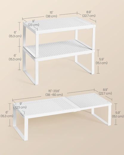 Spice Racks Expandable Kitchen Countertop Shelves, Metal | Set of 2 small cupboard organizers, space-saving tabletop shelves, Matte White, UKCS402W01