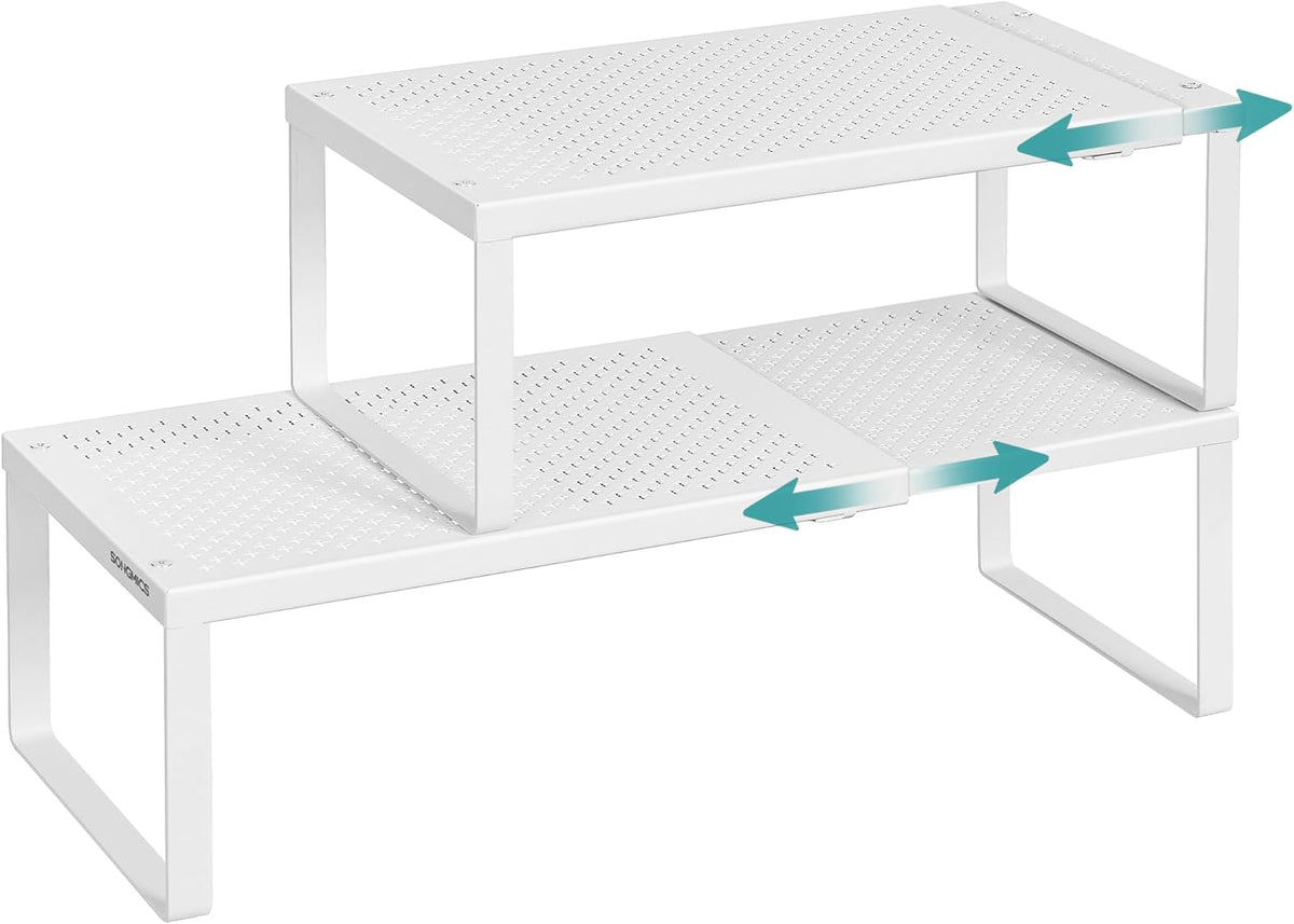 Spice Racks Expandable Kitchen Countertop Shelves, Metal | Set of 2 small cupboard organizers, space-saving tabletop shelves, Matte White, UKCS402W01