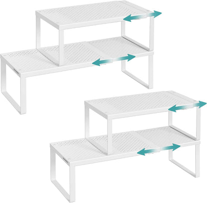 Spice Racks Expandable Kitchen Countertop Shelves, Metal | Set of 2 small cupboard organizers, space-saving tabletop shelves, Matte White, UKCS402W01