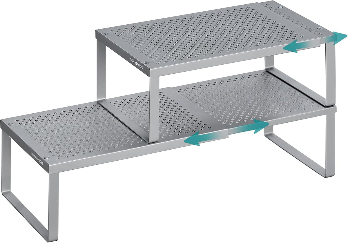 Spice Racks Expandable Kitchen Countertop Shelves, Metal | Set of 2 small cupboard organizers, space-saving tabletop shelves, Matte White, UKCS402W01