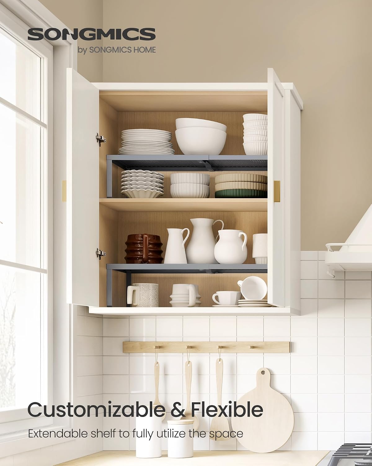 Spice Racks Expandable Kitchen Countertop Shelves, Metal | Set of 2 small cupboard organizers, space-saving tabletop shelves, Matte White, UKCS402W01