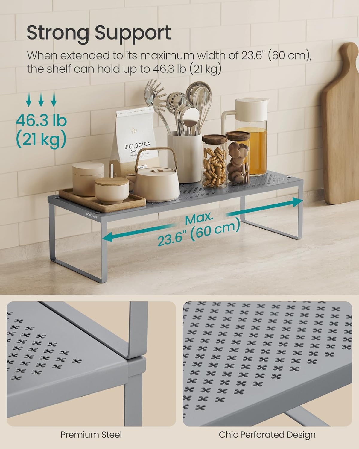 Spice Racks Expandable Kitchen Countertop Shelves, Metal | Set of 2 small cupboard organizers, space-saving tabletop shelves, Matte White, UKCS402W01