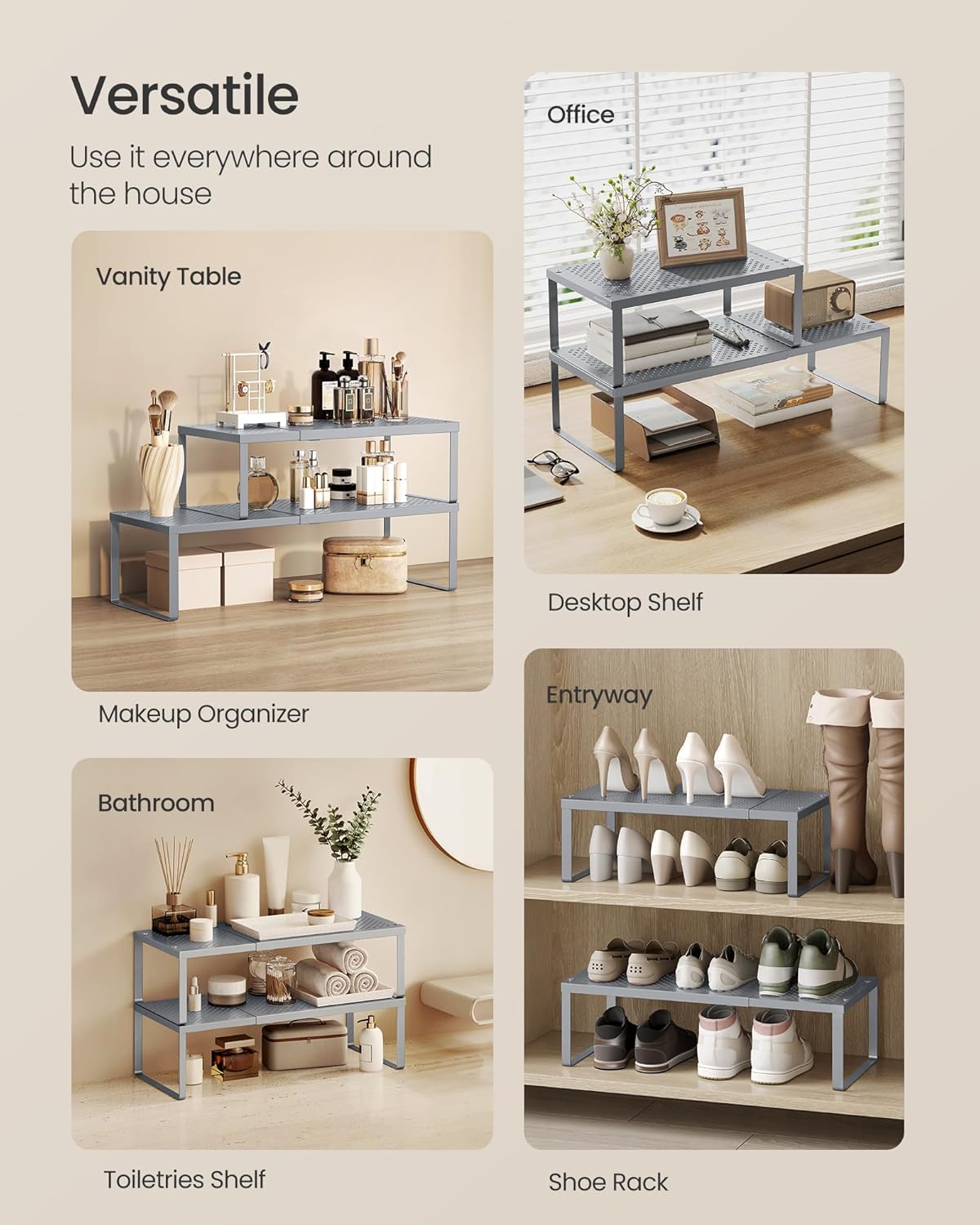 Spice Racks Expandable Kitchen Countertop Shelves, Metal | Set of 2 small cupboard organizers, space-saving tabletop shelves, Matte White, UKCS402W01