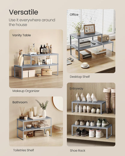 Spice Racks Expandable Kitchen Countertop Shelves, Metal | Set of 2 small cupboard organizers, space-saving tabletop shelves, Matte White, UKCS402W01
