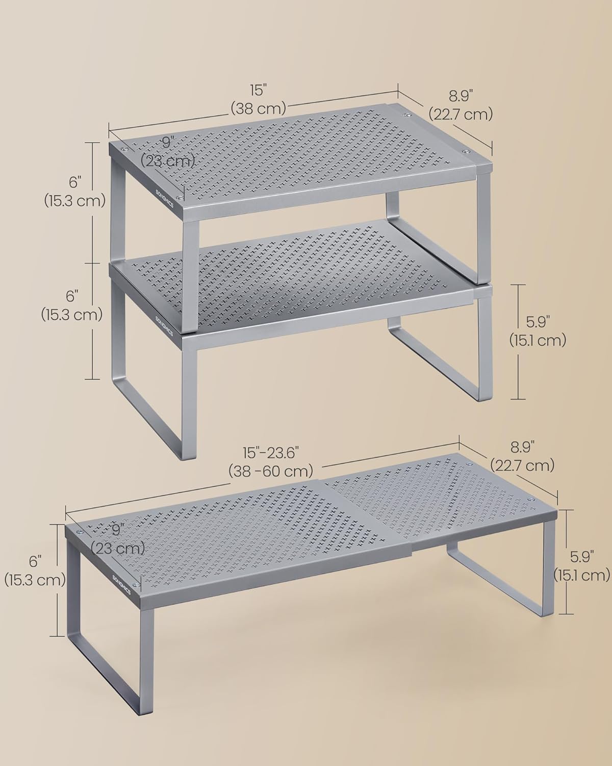 Spice Racks Expandable Kitchen Countertop Shelves, Metal | Set of 2 small cupboard organizers, space-saving tabletop shelves, Matte White, UKCS402W01