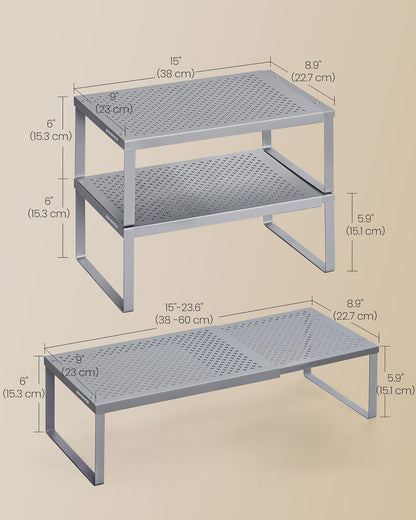 Spice Racks Expandable Kitchen Countertop Shelves, Metal | Set of 2 small cupboard organizers, space-saving tabletop shelves, Matte White, UKCS402W01
