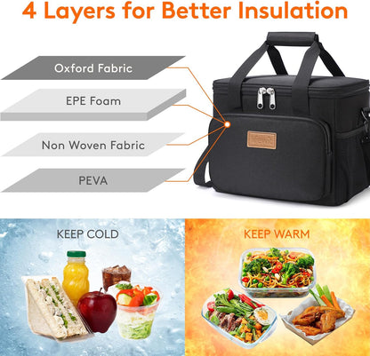 Medium Lunch Bag, Insulated Lunch Box, Soft Cooler Cooling Tote for Adult Men Women, Black 12-Can (9L)