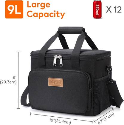 Medium Lunch Bag, Insulated Lunch Box, Soft Cooler Cooling Tote for Adult Men Women, Black 12-Can (9L)