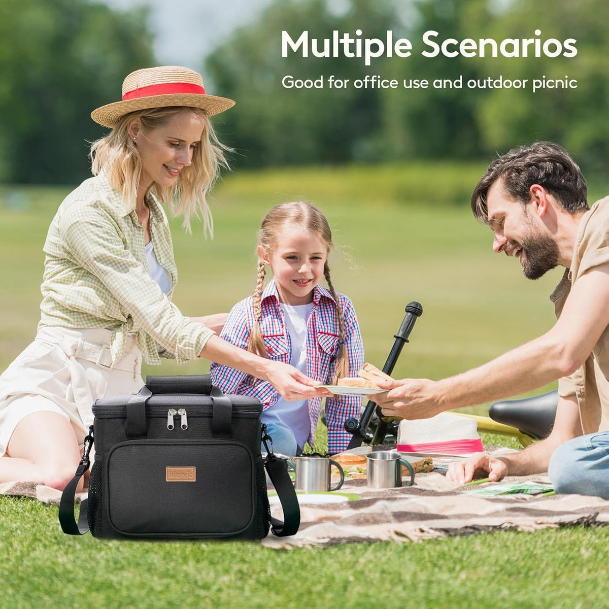 Medium Lunch Bag, Insulated Lunch Box, Soft Cooler Cooling Tote for Adult Men Women, Black 12-Can (9L)