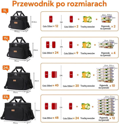 Medium Lunch Bag, Insulated Lunch Box, Soft Cooler Cooling Tote for Adult Men Women, Black 12-Can (9L)