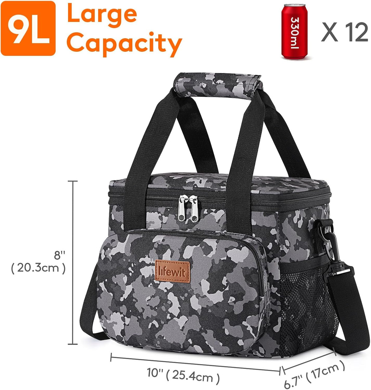Medium Lunch Bag, Insulated Lunch Box, Soft Cooler Cooling Tote for Adult Men Women, Black 12-Can (9L)