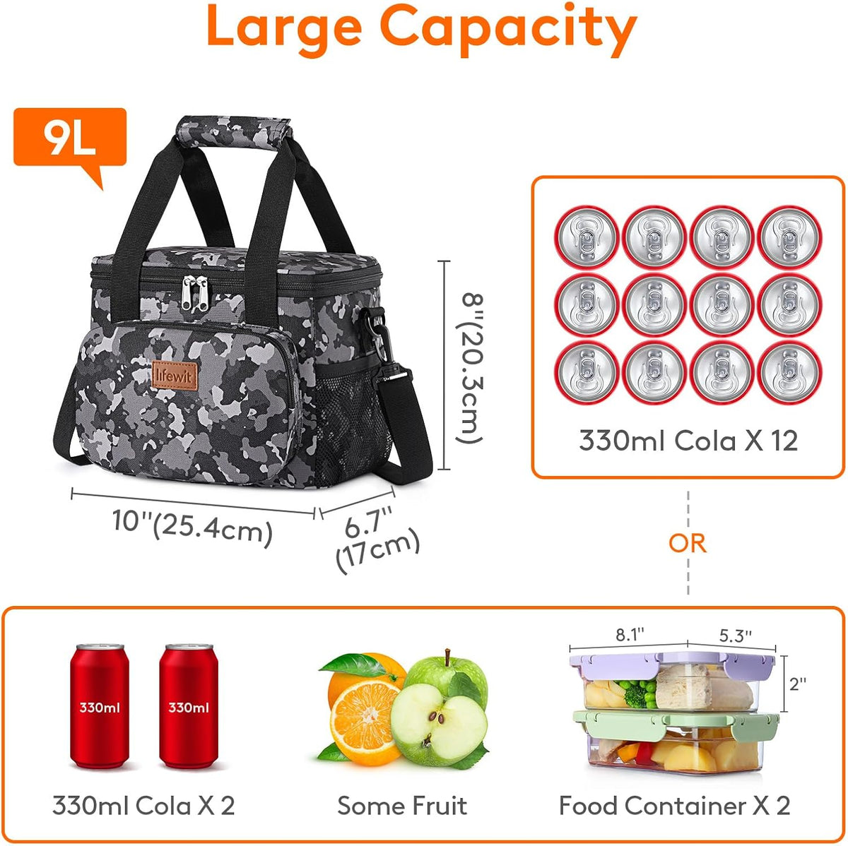 Medium Lunch Bag, Insulated Lunch Box, Soft Cooler Cooling Tote for Adult Men Women, Black 12-Can (9L)