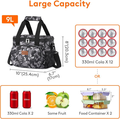 Medium Lunch Bag, Insulated Lunch Box, Soft Cooler Cooling Tote for Adult Men Women, Black 12-Can (9L)