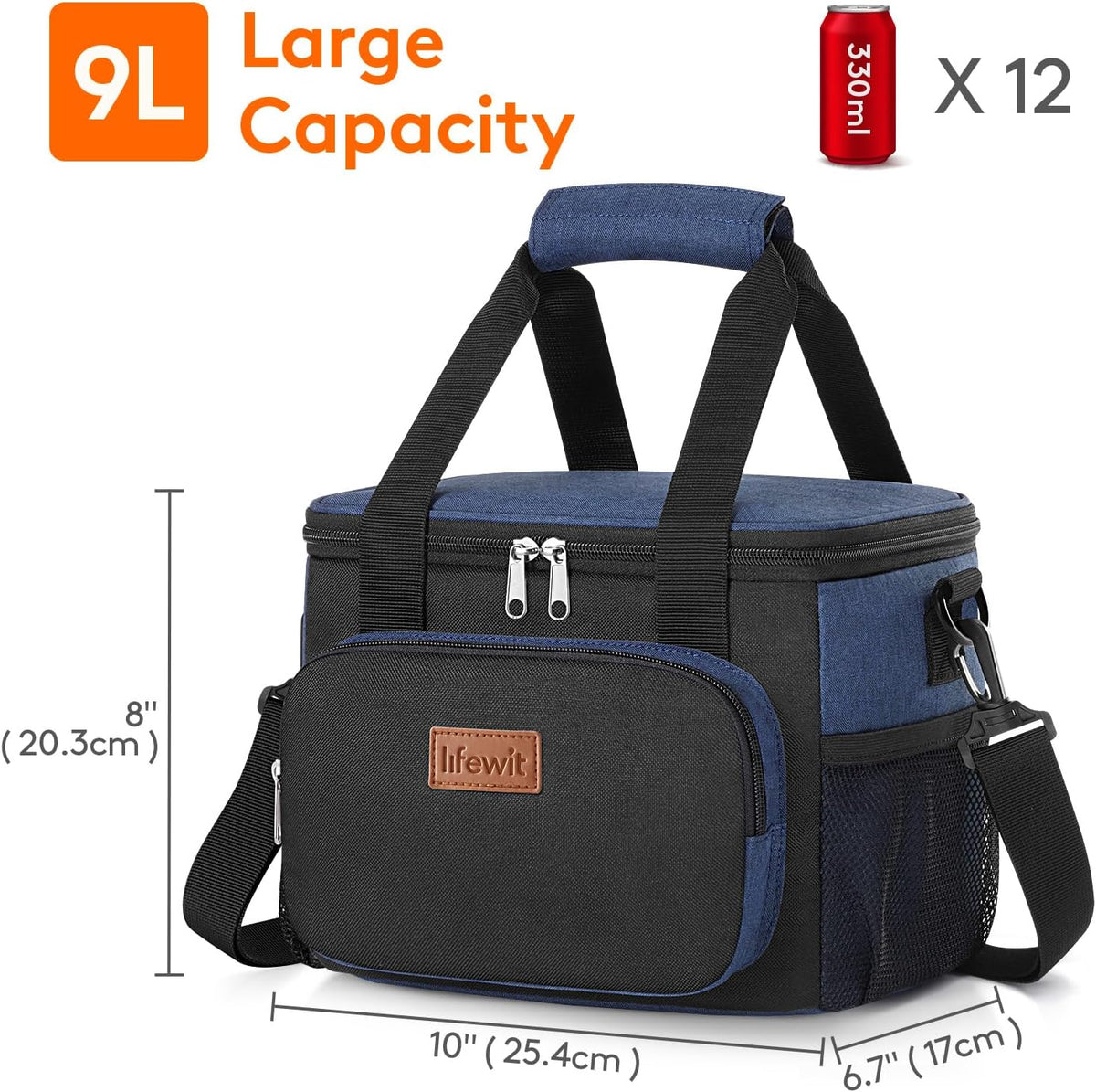Medium Lunch Bag, Insulated Lunch Box, Soft Cooler Cooling Tote for Adult Men Women, Black 12-Can (9L)