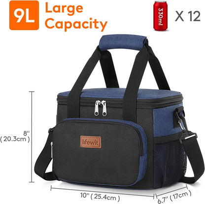 Medium Lunch Bag, Insulated Lunch Box, Soft Cooler Cooling Tote for Adult Men Women, Black 12-Can (9L)