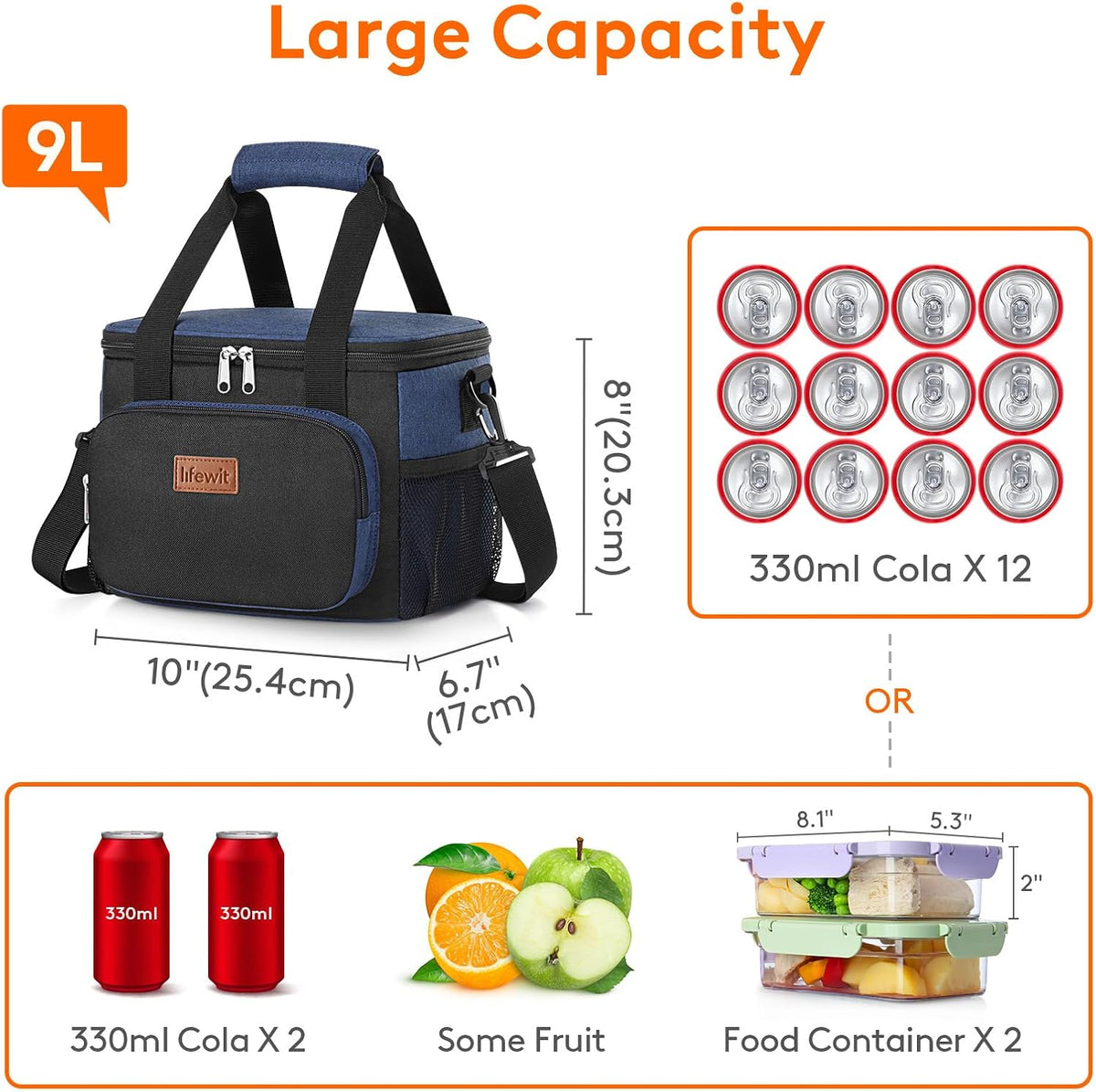 Medium Lunch Bag, Insulated Lunch Box, Soft Cooler Cooling Tote for Adult Men Women, Black 12-Can (9L)