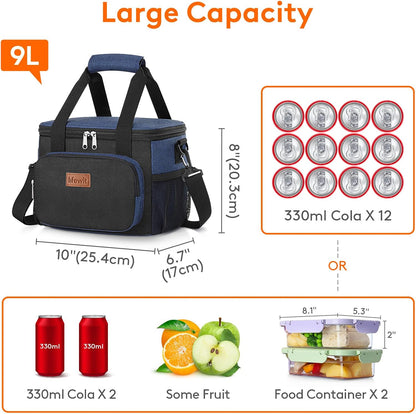 Medium Lunch Bag, Insulated Lunch Box, Soft Cooler Cooling Tote for Adult Men Women, Black 12-Can (9L)