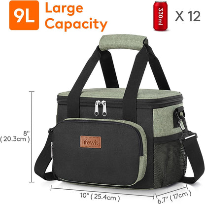 Medium Lunch Bag, Insulated Lunch Box, Soft Cooler Cooling Tote for Adult Men Women, Black 12-Can (9L)
