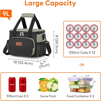 Medium Lunch Bag, Insulated Lunch Box, Soft Cooler Cooling Tote for Adult Men Women, Black 12-Can (9L)
