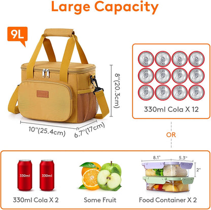 Medium Lunch Bag, Insulated Lunch Box, Soft Cooler Cooling Tote for Adult Men Women, Black 12-Can (9L)