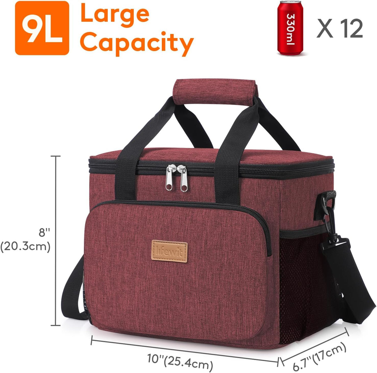 Medium Lunch Bag, Insulated Lunch Box, Soft Cooler Cooling Tote for Adult Men Women, Black 12-Can (9L)