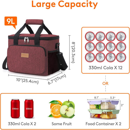 Medium Lunch Bag, Insulated Lunch Box, Soft Cooler Cooling Tote for Adult Men Women, Black 12-Can (9L)