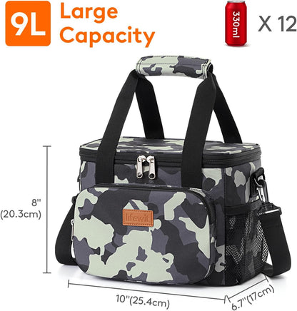 Medium Lunch Bag, Insulated Lunch Box, Soft Cooler Cooling Tote for Adult Men Women, Black 12-Can (9L)
