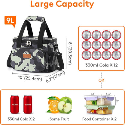 Medium Lunch Bag, Insulated Lunch Box, Soft Cooler Cooling Tote for Adult Men Women, Black 12-Can (9L)