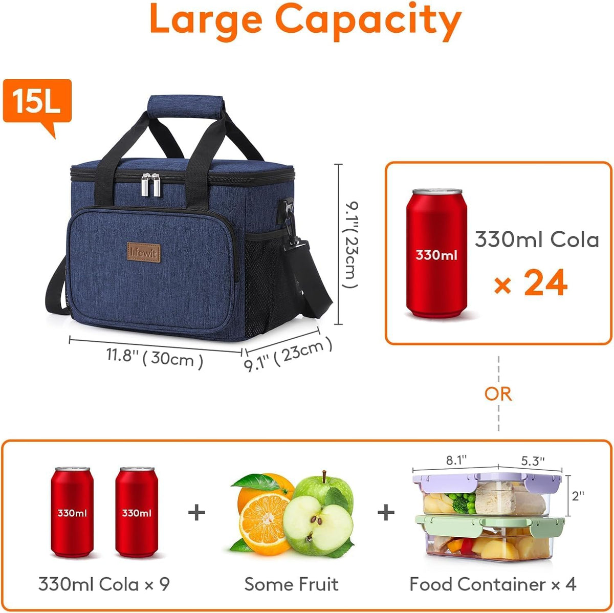 Medium Lunch Bag, Insulated Lunch Box, Soft Cooler Cooling Tote for Adult Men Women, Black 12-Can (9L)