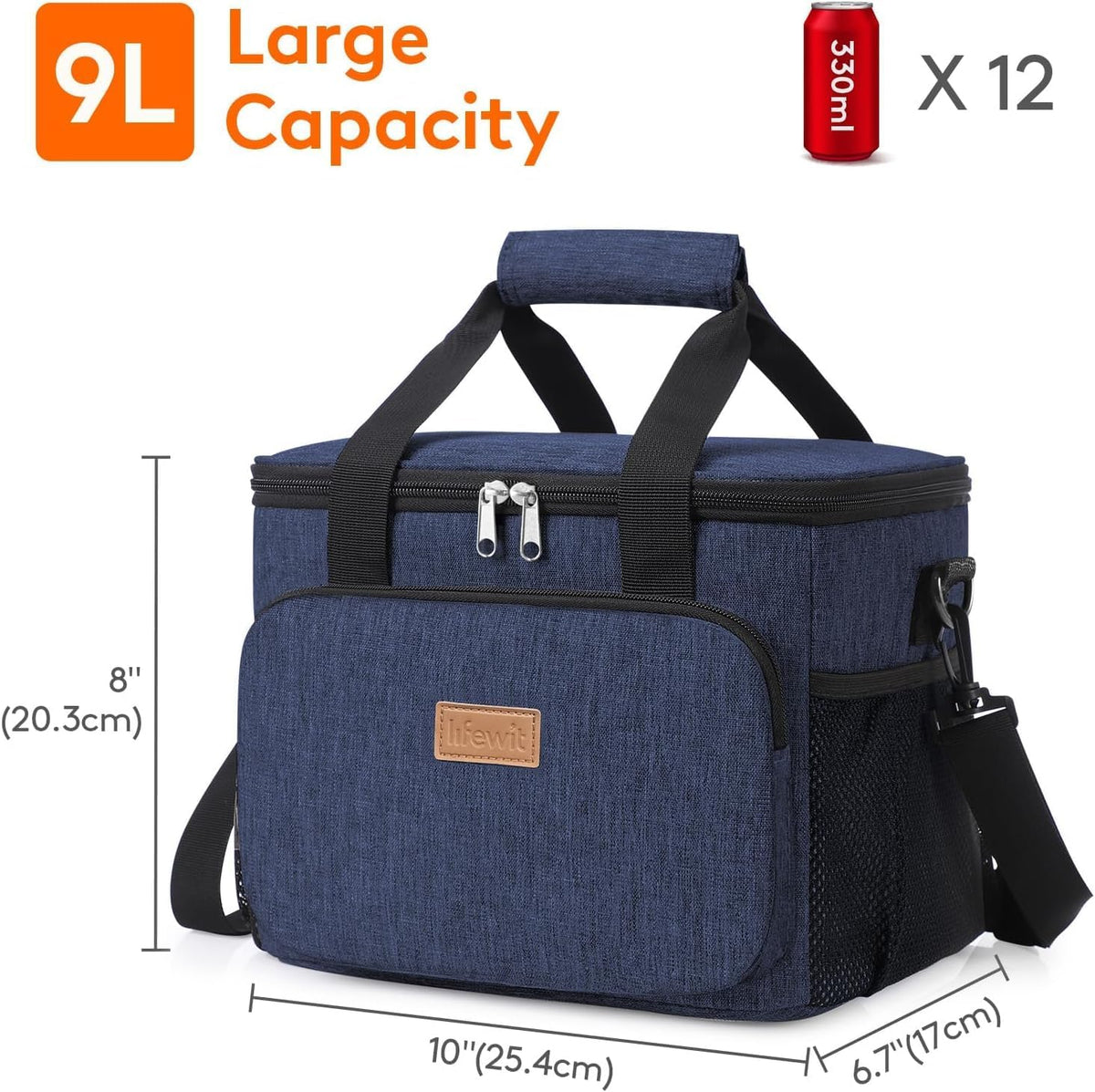 Medium Lunch Bag, Insulated Lunch Box, Soft Cooler Cooling Tote for Adult Men Women, Black 12-Can (9L)