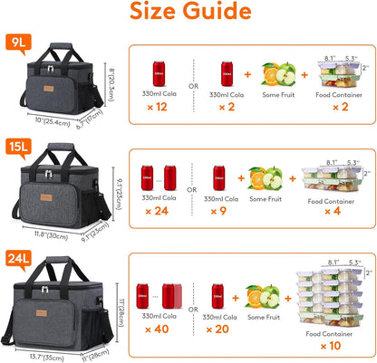 Medium Lunch Bag, Insulated Lunch Box, Soft Cooler Cooling Tote for Adult Men Women, Black 12-Can (9L)