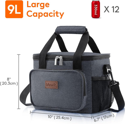 Medium Lunch Bag, Insulated Lunch Box, Soft Cooler Cooling Tote for Adult Men Women, Black 12-Can (9L)