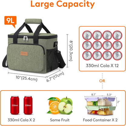 Medium Lunch Bag, Insulated Lunch Box, Soft Cooler Cooling Tote for Adult Men Women, Black 12-Can (9L)