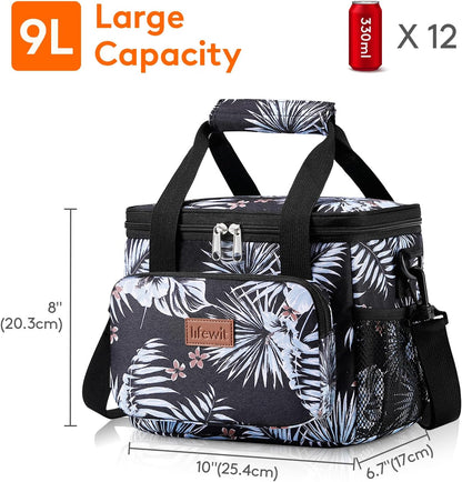 Medium Lunch Bag, Insulated Lunch Box, Soft Cooler Cooling Tote for Adult Men Women, Black 12-Can (9L)