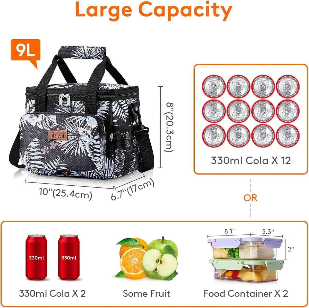 Medium Lunch Bag, Insulated Lunch Box, Soft Cooler Cooling Tote for Adult Men Women, Black 12-Can (9L)