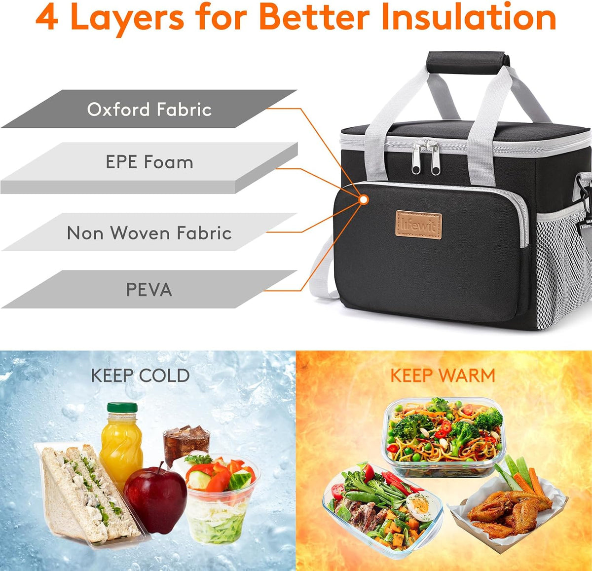 Medium Lunch Bag, Insulated Lunch Box, Soft Cooler Cooling Tote for Adult Men Women, Black 12-Can (9L)