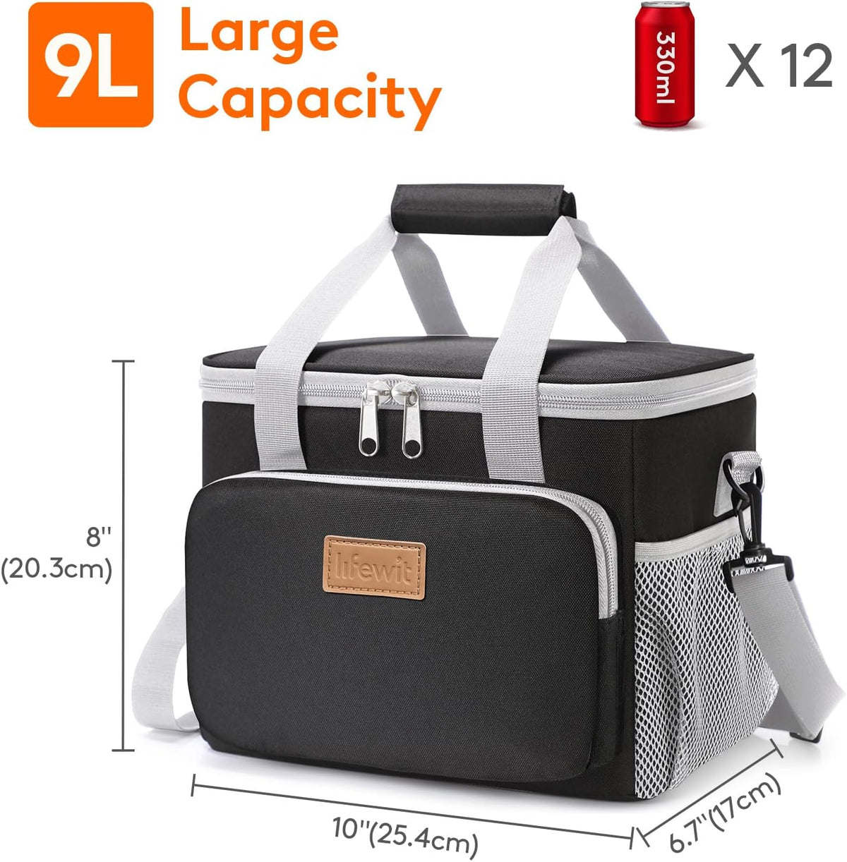 Medium Lunch Bag, Insulated Lunch Box, Soft Cooler Cooling Tote for Adult Men Women, Black 12-Can (9L)