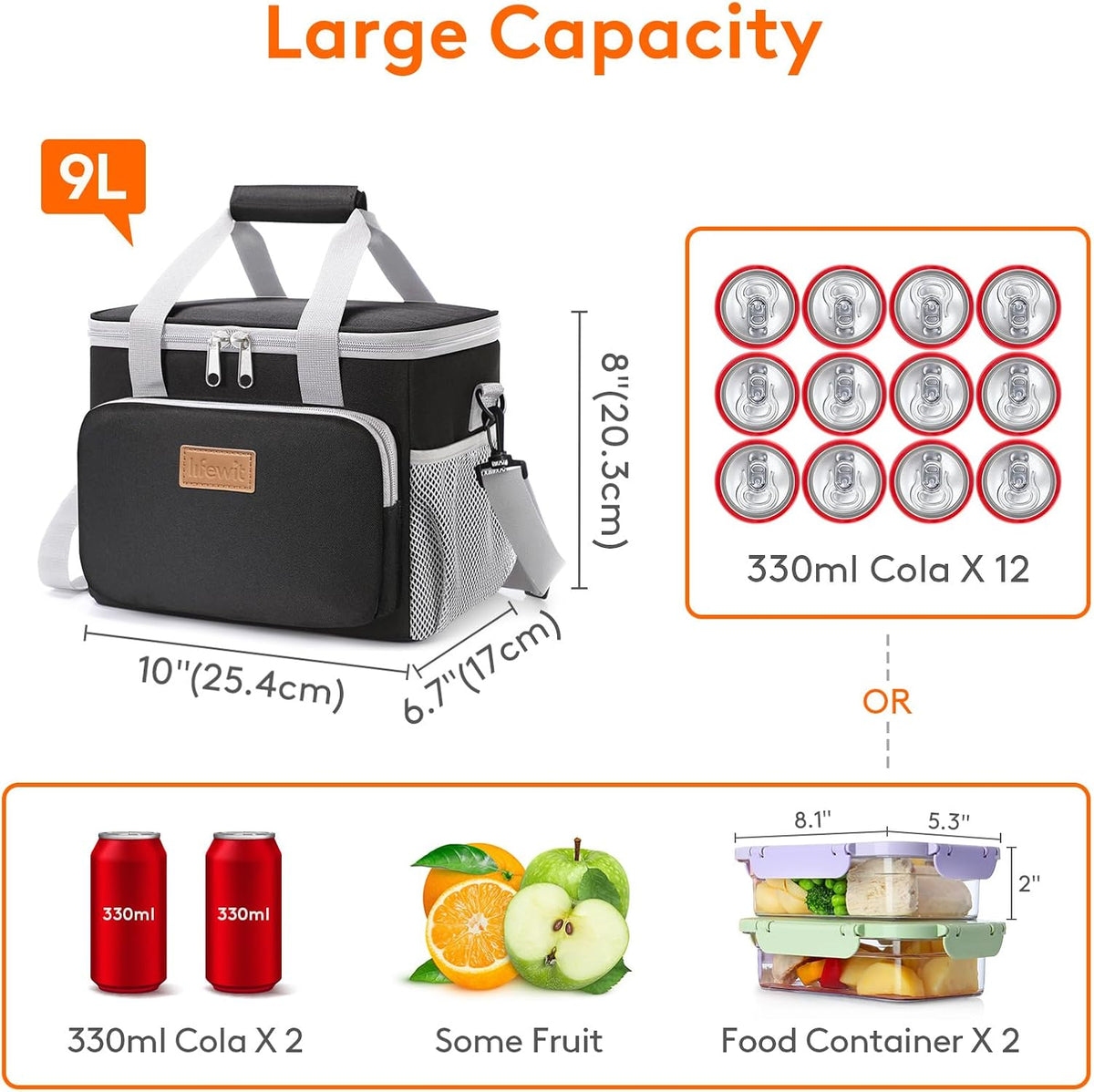 Medium Lunch Bag, Insulated Lunch Box, Soft Cooler Cooling Tote for Adult Men Women, Black 12-Can (9L)
