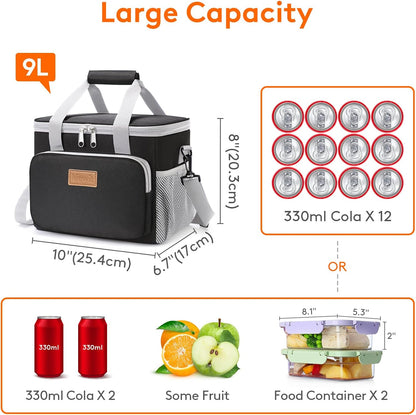 Medium Lunch Bag, Insulated Lunch Box, Soft Cooler Cooling Tote for Adult Men Women, Black 12-Can (9L)