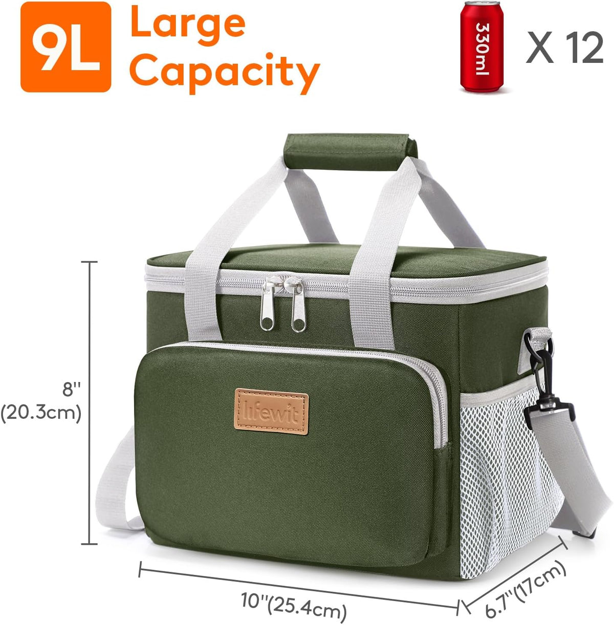 Medium Lunch Bag, Insulated Lunch Box, Soft Cooler Cooling Tote for Adult Men Women, Black 12-Can (9L)