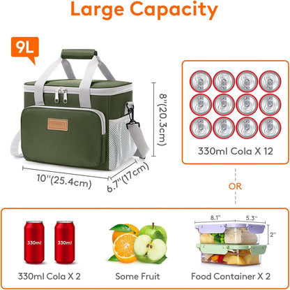 Medium Lunch Bag, Insulated Lunch Box, Soft Cooler Cooling Tote for Adult Men Women, Black 12-Can (9L)