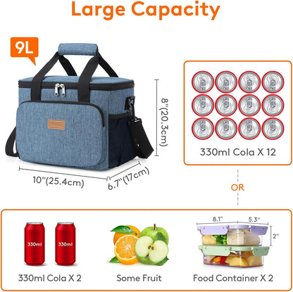 Medium Lunch Bag, Insulated Lunch Box, Soft Cooler Cooling Tote for Adult Men Women, Black 12-Can (9L)