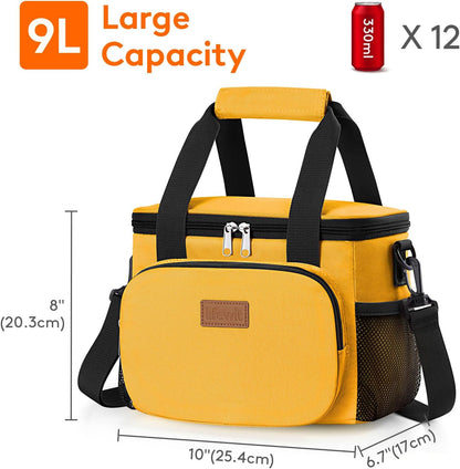 Medium Lunch Bag, Insulated Lunch Box, Soft Cooler Cooling Tote for Adult Men Women, Black 12-Can (9L)