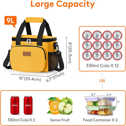 Medium Lunch Bag, Insulated Lunch Box, Soft Cooler Cooling Tote for Adult Men Women, Black 12-Can (9L)