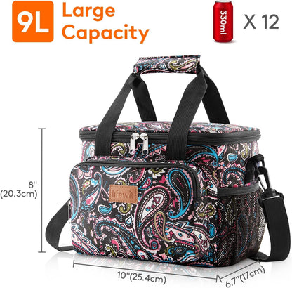 Medium Lunch Bag, Insulated Lunch Box, Soft Cooler Cooling Tote for Adult Men Women, Black 12-Can (9L)