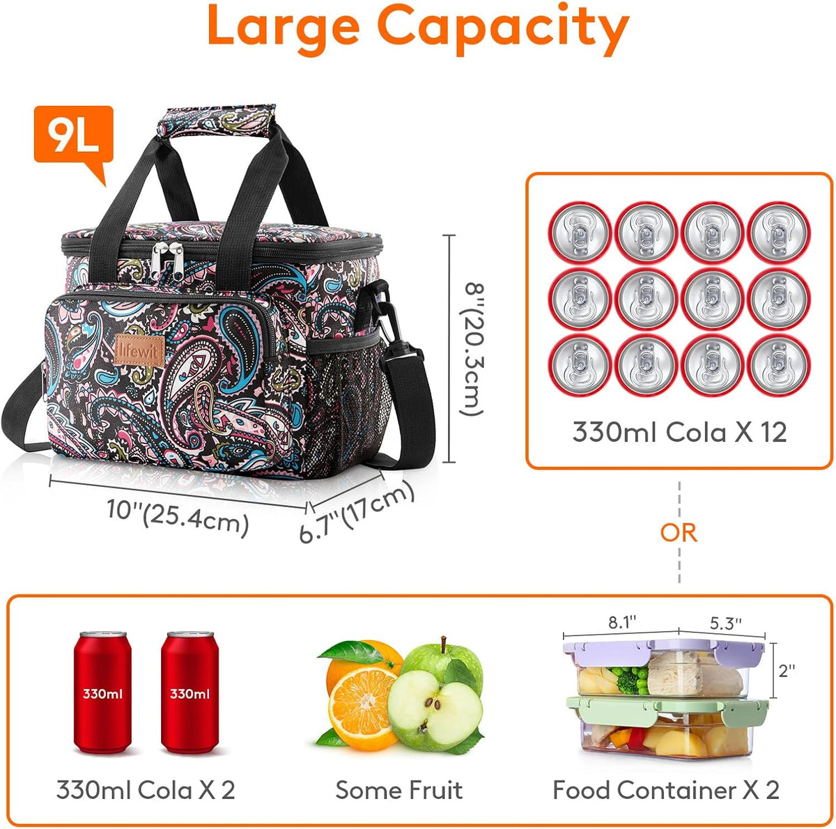 Medium Lunch Bag, Insulated Lunch Box, Soft Cooler Cooling Tote for Adult Men Women, Black 12-Can (9L)