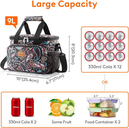 Medium Lunch Bag, Insulated Lunch Box, Soft Cooler Cooling Tote for Adult Men Women, Black 12-Can (9L)